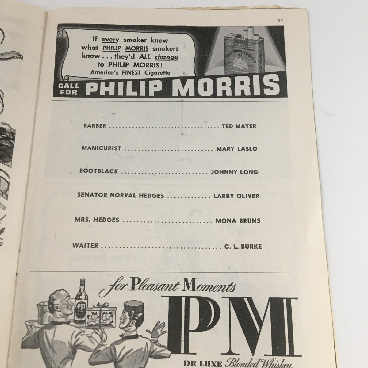 Advertisement in the 1947 'Born Yesterday' Playbill at the Lyceum Theatre featuring Philip Morris cigarettes.