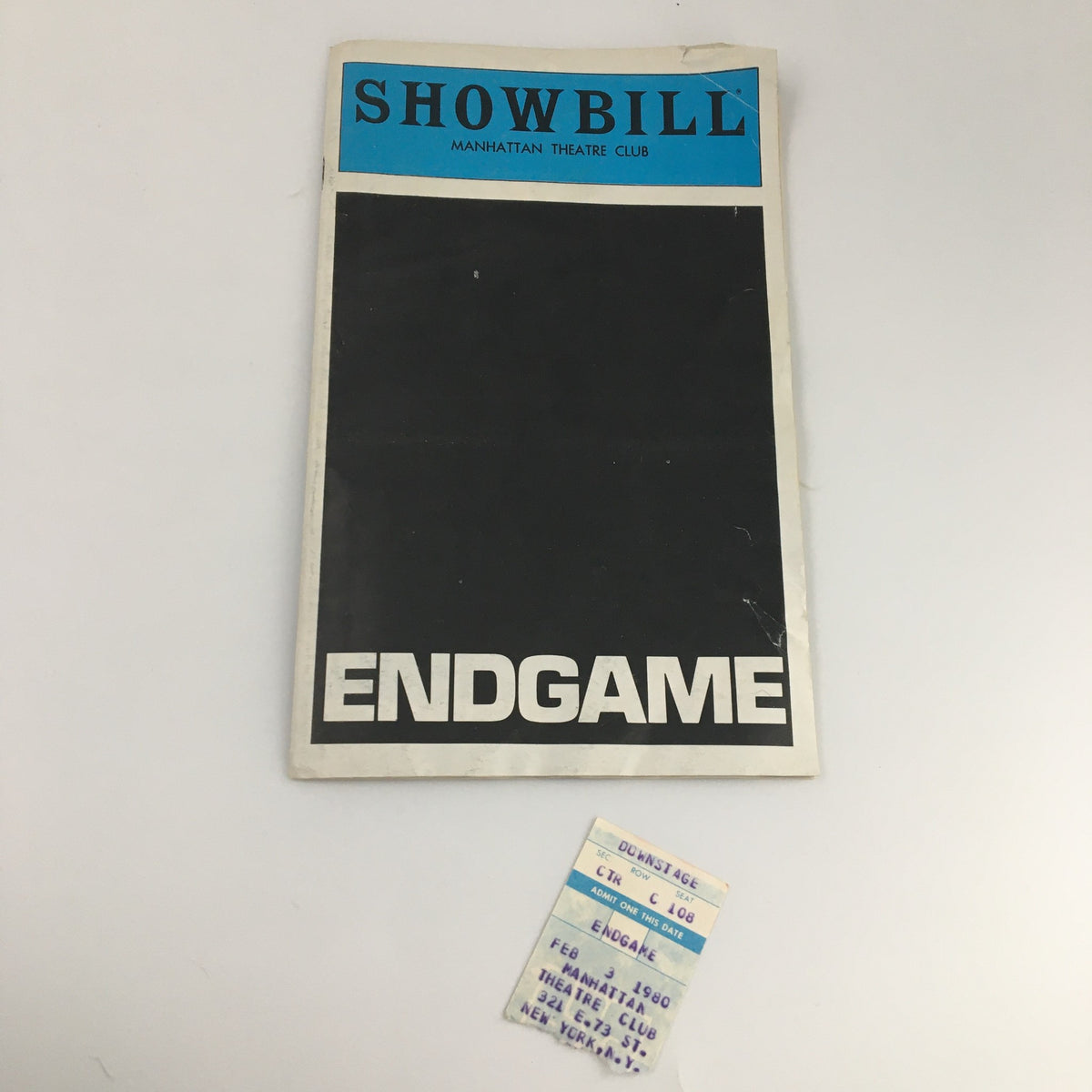 1980 Showbill for 'Endgame' at Manhattan Theatre Club featuring original ticket, showing acceptable condition with visible wear, minor water damage, and potential page issues.
