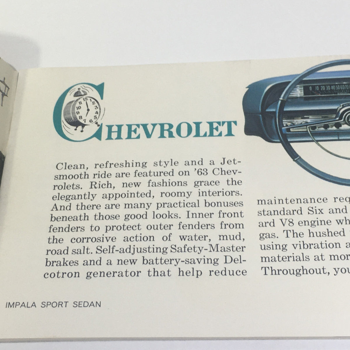 Detail page from Vintage Go GM Any Time in the year 1963 Chevrolet-Pontiac-Buick Car Catalog highlighting features of Chevrolet cars, with a focus on safety and design.