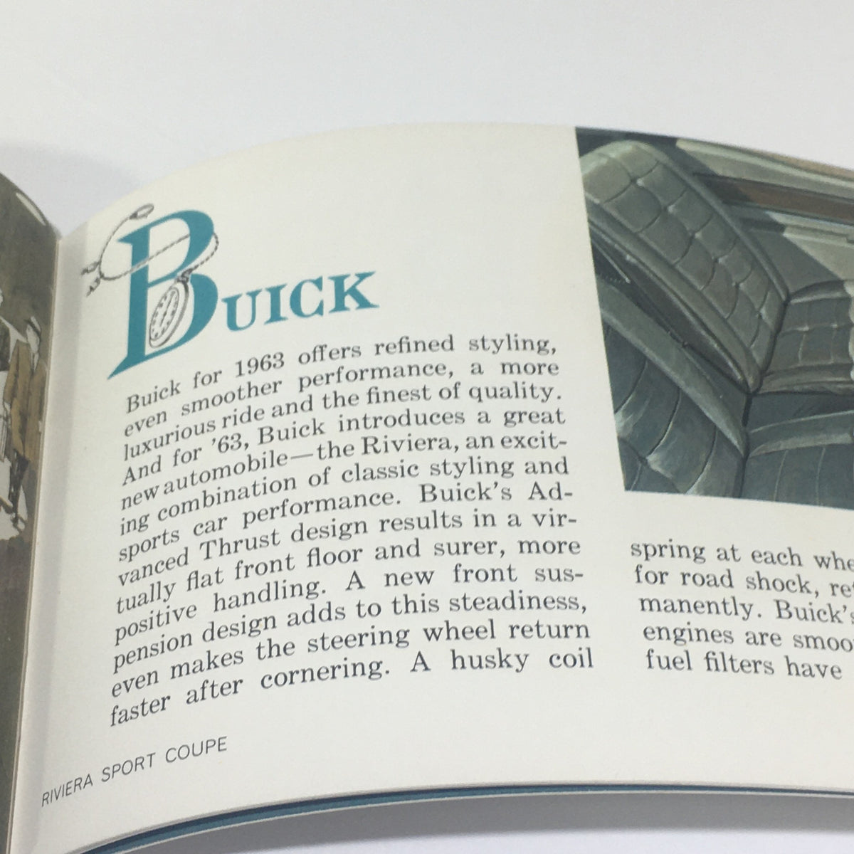 Close-up of a page from the Vintage Go GM Any Time in the year 1963 Chevrolet-Pontiac-Buick Car Catalog featuring Buick car details and specifications.