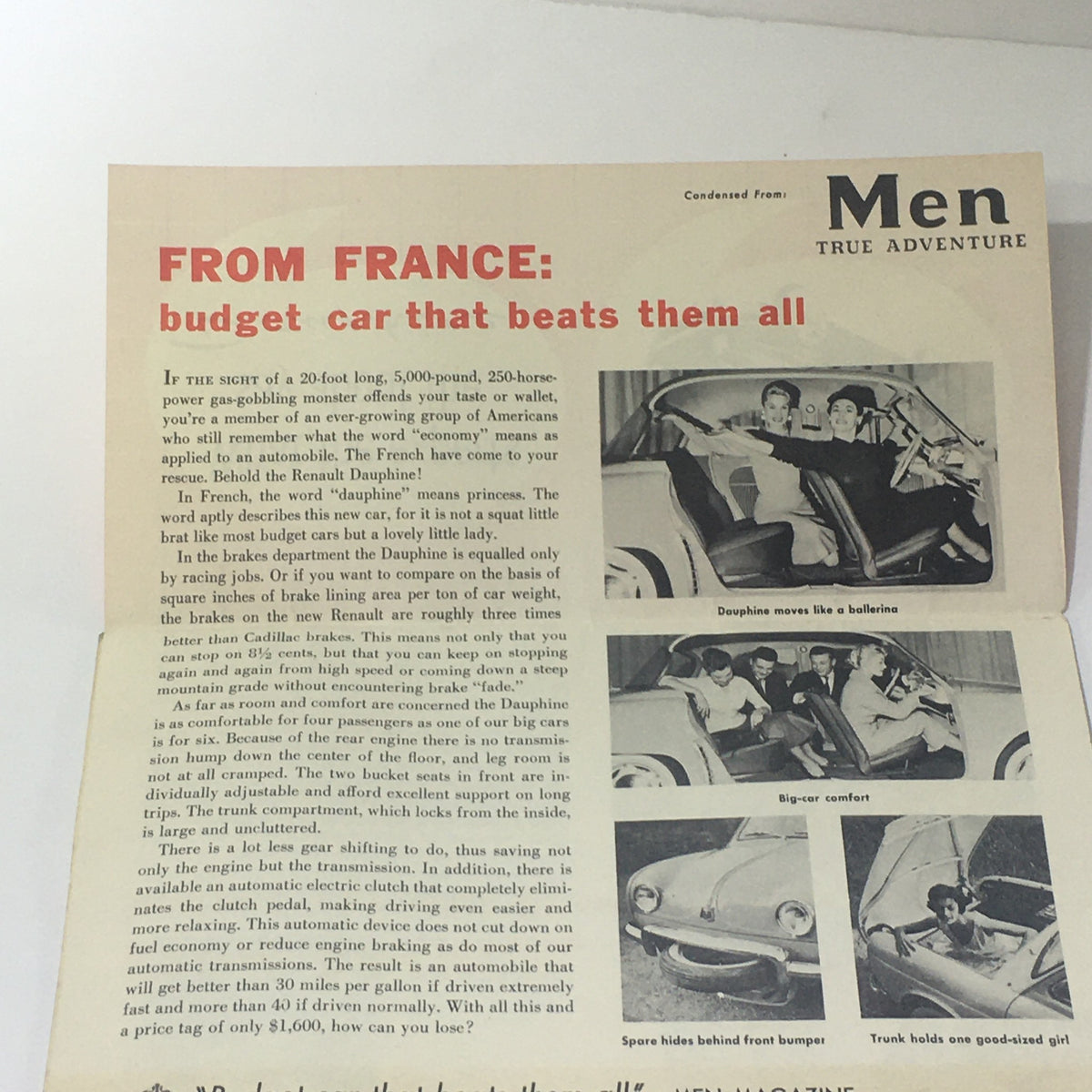 Vintage 1955 Renault Dauphine 250-HP 2-Door Sedan Gas-Gobbling Car Catalog page showcasing features and design elements.