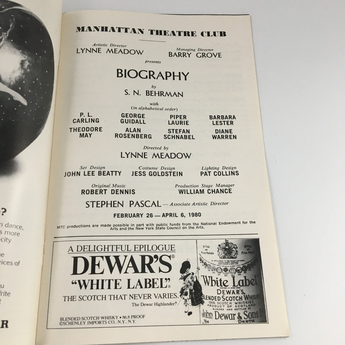 Cast list and production details of the 'Biography' play from the 1980 Showbill at Manhattan Theatre Club, highlighting key actors.