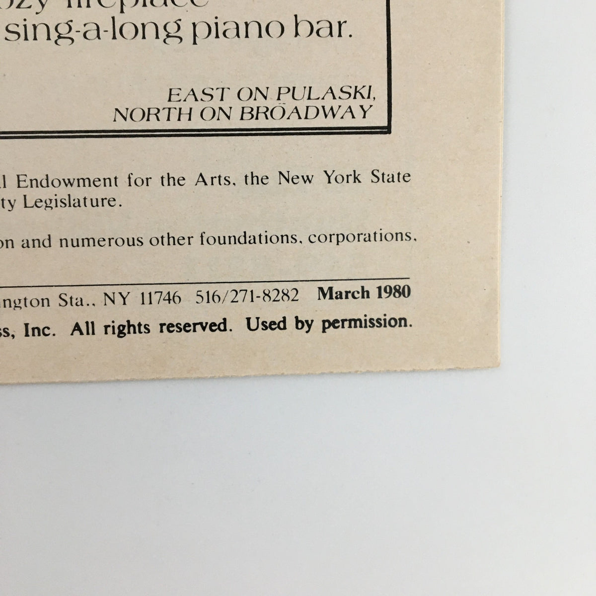 Advertisement and details from the 1980 Playbill for 'To Kill A Mockingbird' at PAF Playhouse, featuring nearby venue Old Fields Inn.