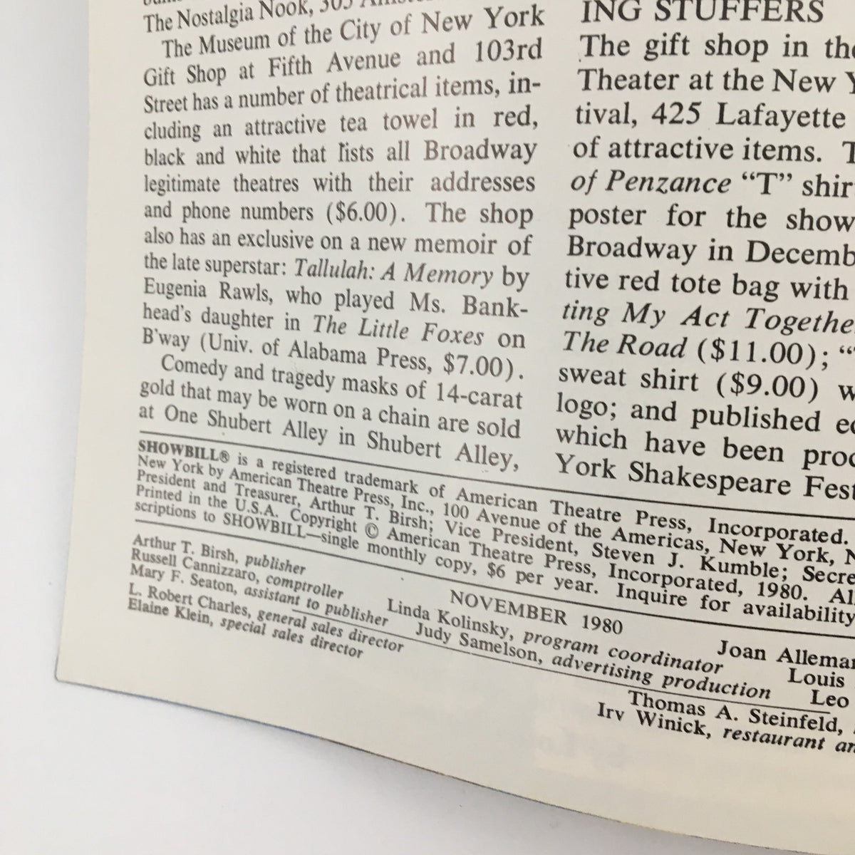 Back cover of the 1980 showbill for 'The Sea Gull' at the Newman Theater, listing theatrical items available at the gift shop, including a tea towel and memoir.