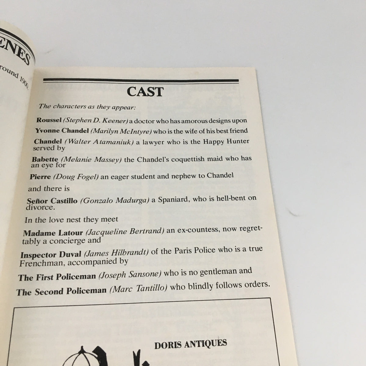 Another page from the 1980 Playbill for 'The Happy Hunter' highlighting the cast characters and their roles in the production.