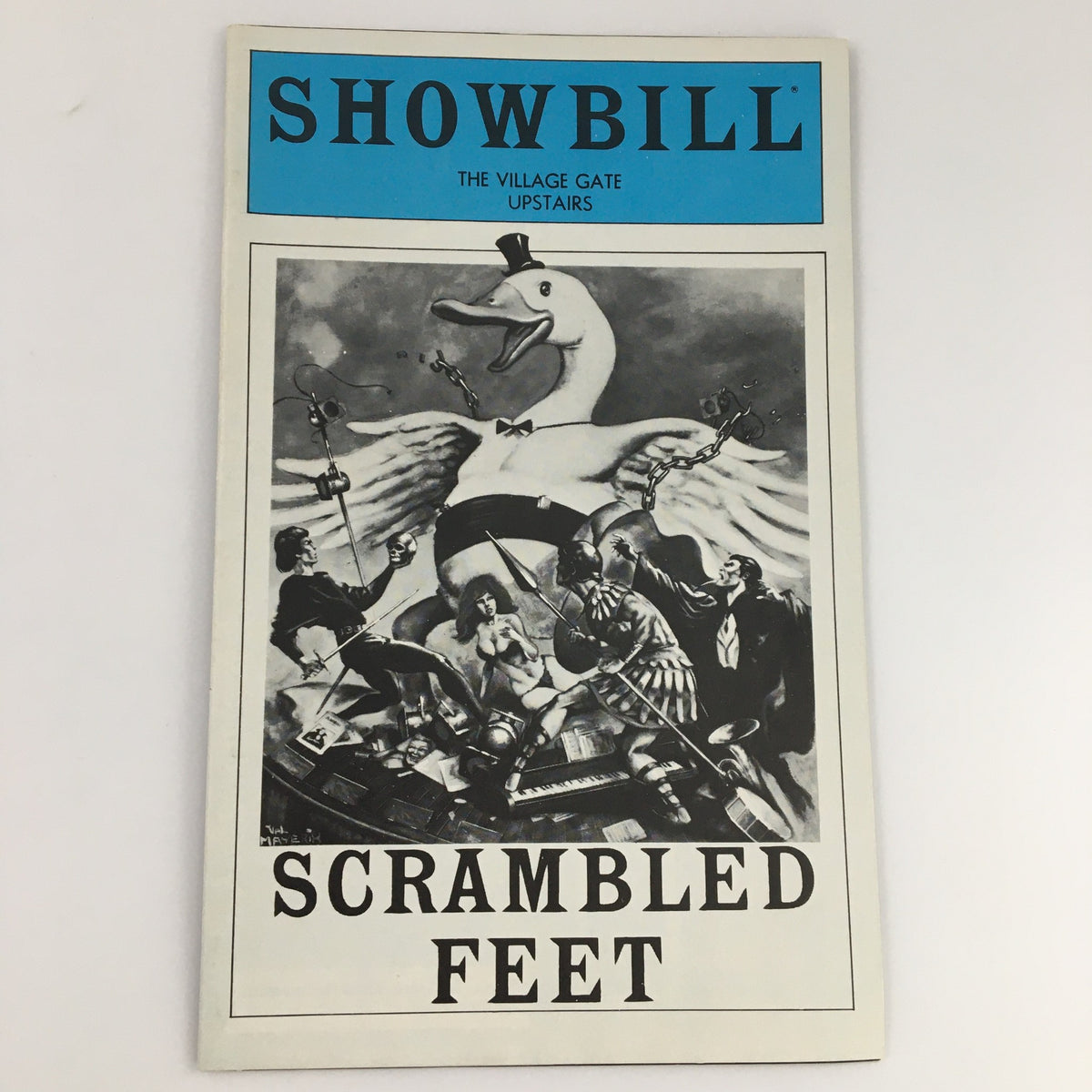 1980 Showbill for The Village Gate performance 'Scrambled Feet' featuring vibrant artwork and details, showcasing the unique theatrical moment.