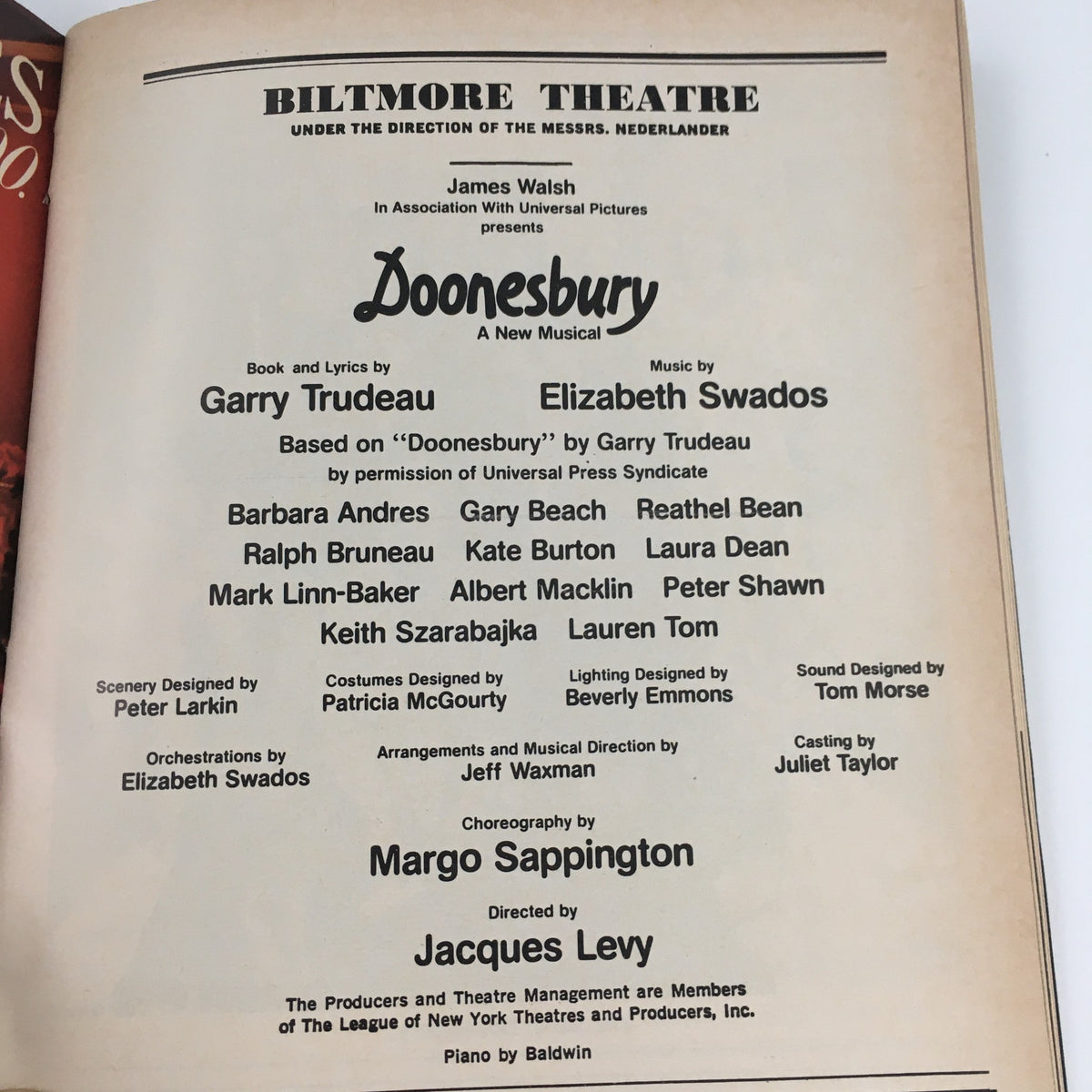 Title page of the Biltmore Theatre 1983 Playbill for 'Doonesbury' with cast and creative team information.