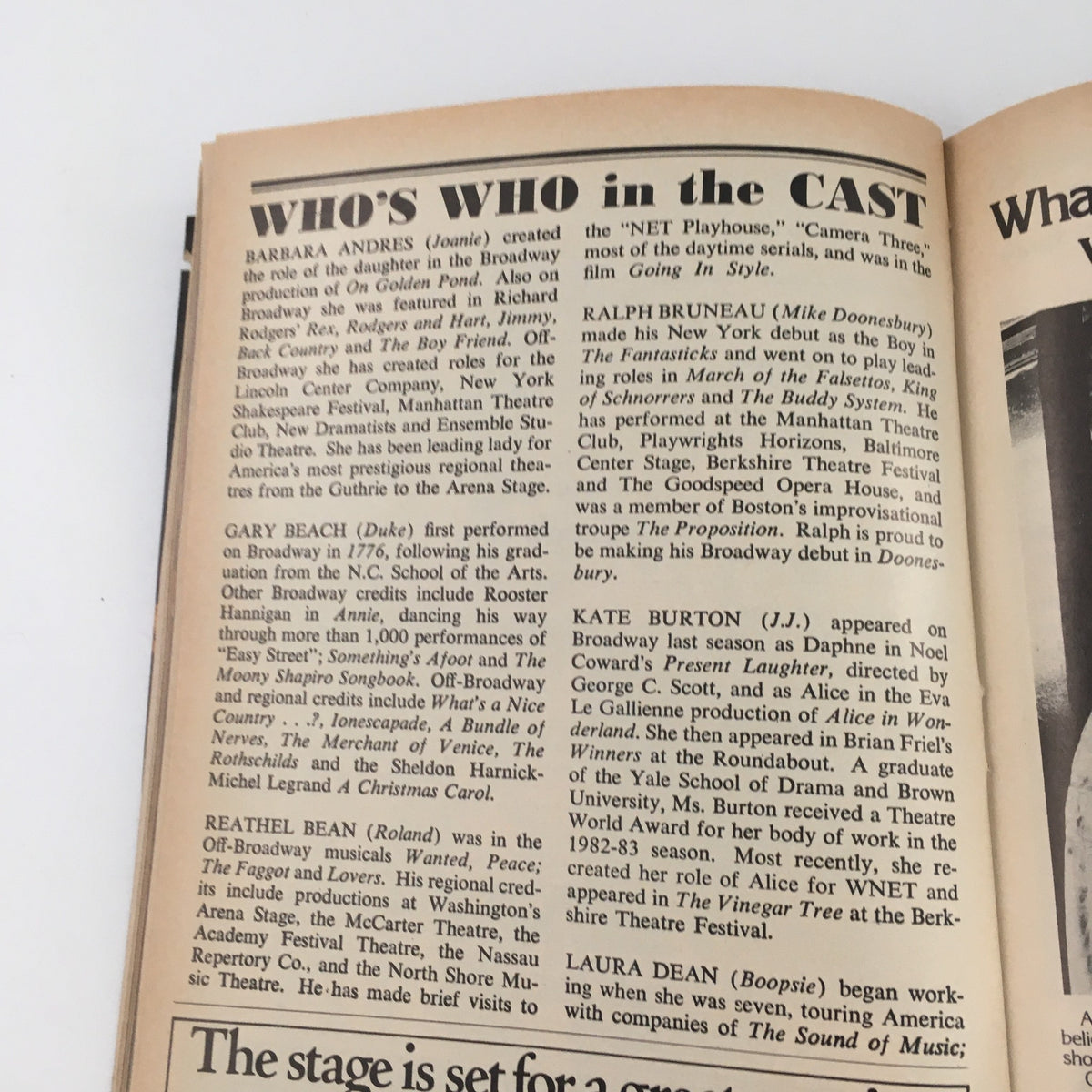 Information page from the 1983 Playbill featuring biographies of cast members from the Biltmore Theatre's 'Doonesbury' musical.
