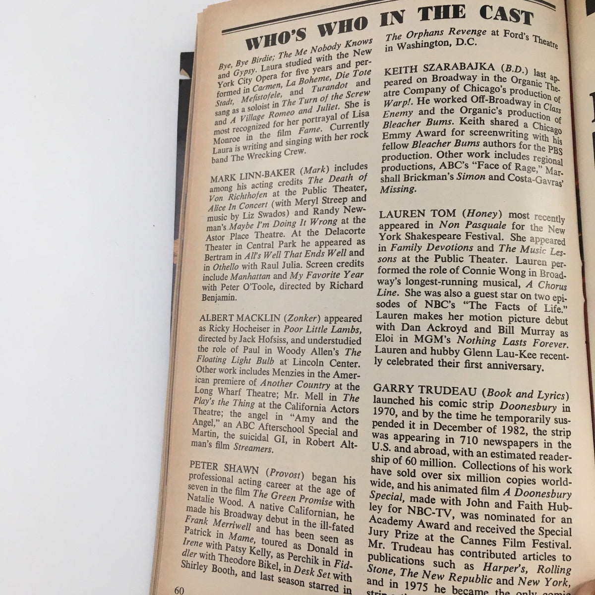 Detailed cast profiles from the 1983 Biltmore Theatre Playbill for 'Doonesbury,' offering insights into the performers' backgrounds.