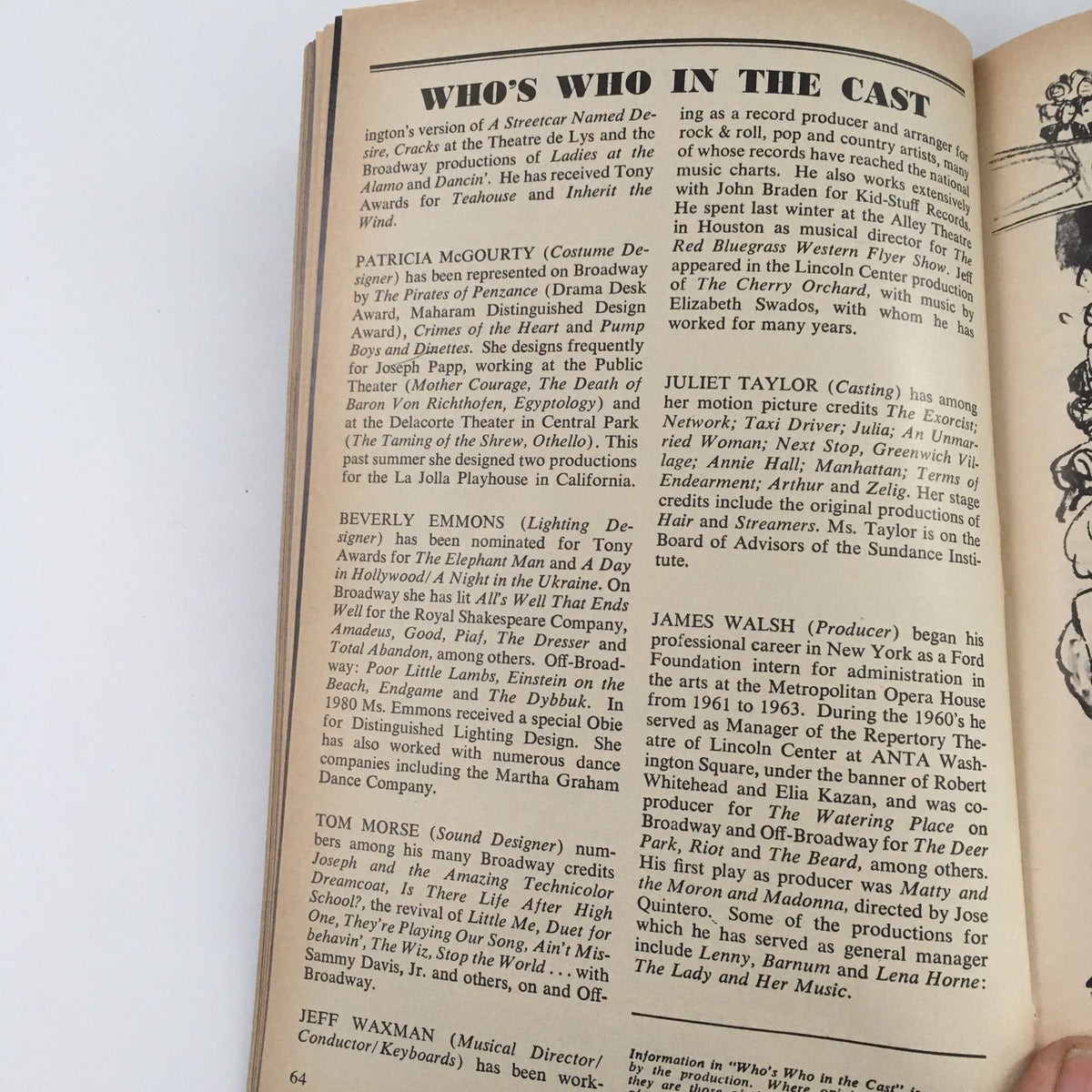1983 Playbill Biltmore Theatre 'Doonesbury' presenting the 'Who's Who in the Cast' section, highlighting cast members such as Patricia McGourty and Beverly Emmons.