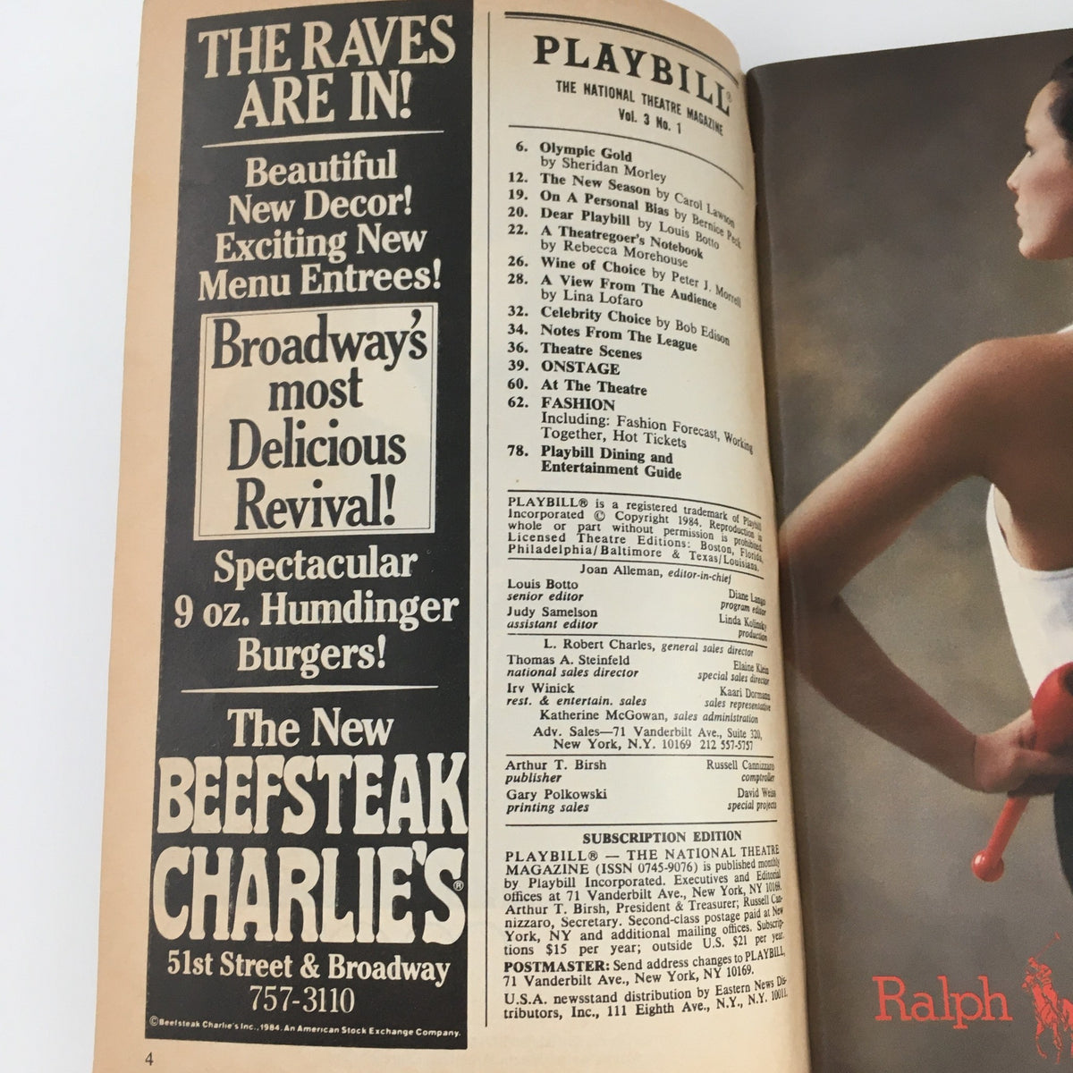 Interior page of the 1984 Playbill for Sunday in the Park with George, displaying advertisements and theater information relevant to the production.