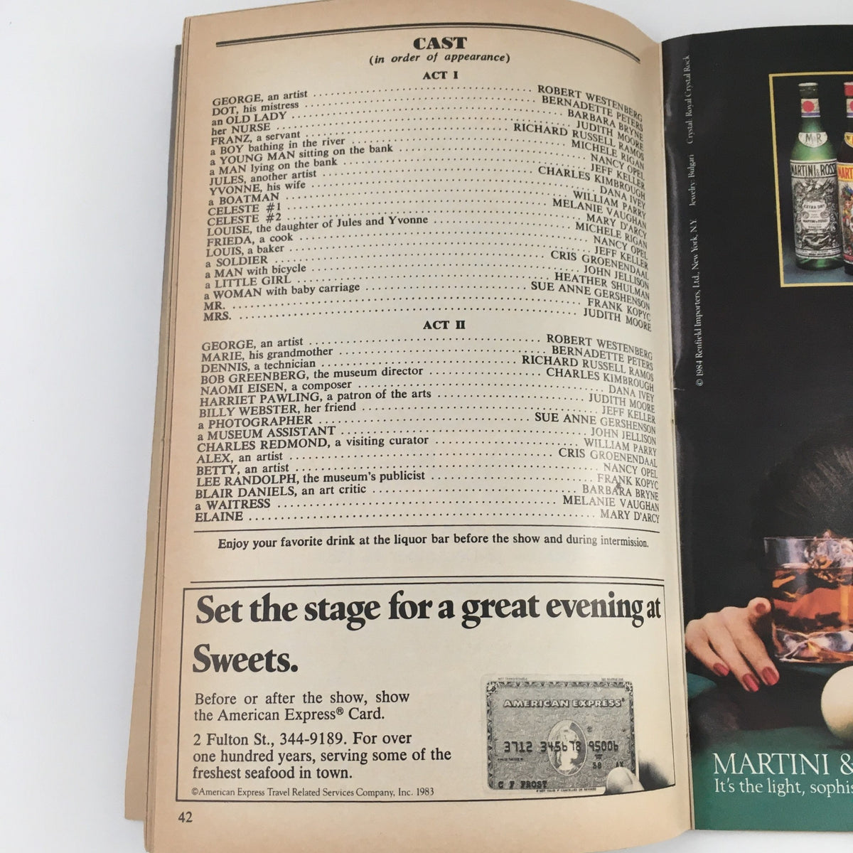 1984 Playbill for Sunday in the Park with George featuring the cast list, performance details, and advertisements for local services at The Booth Theatre.