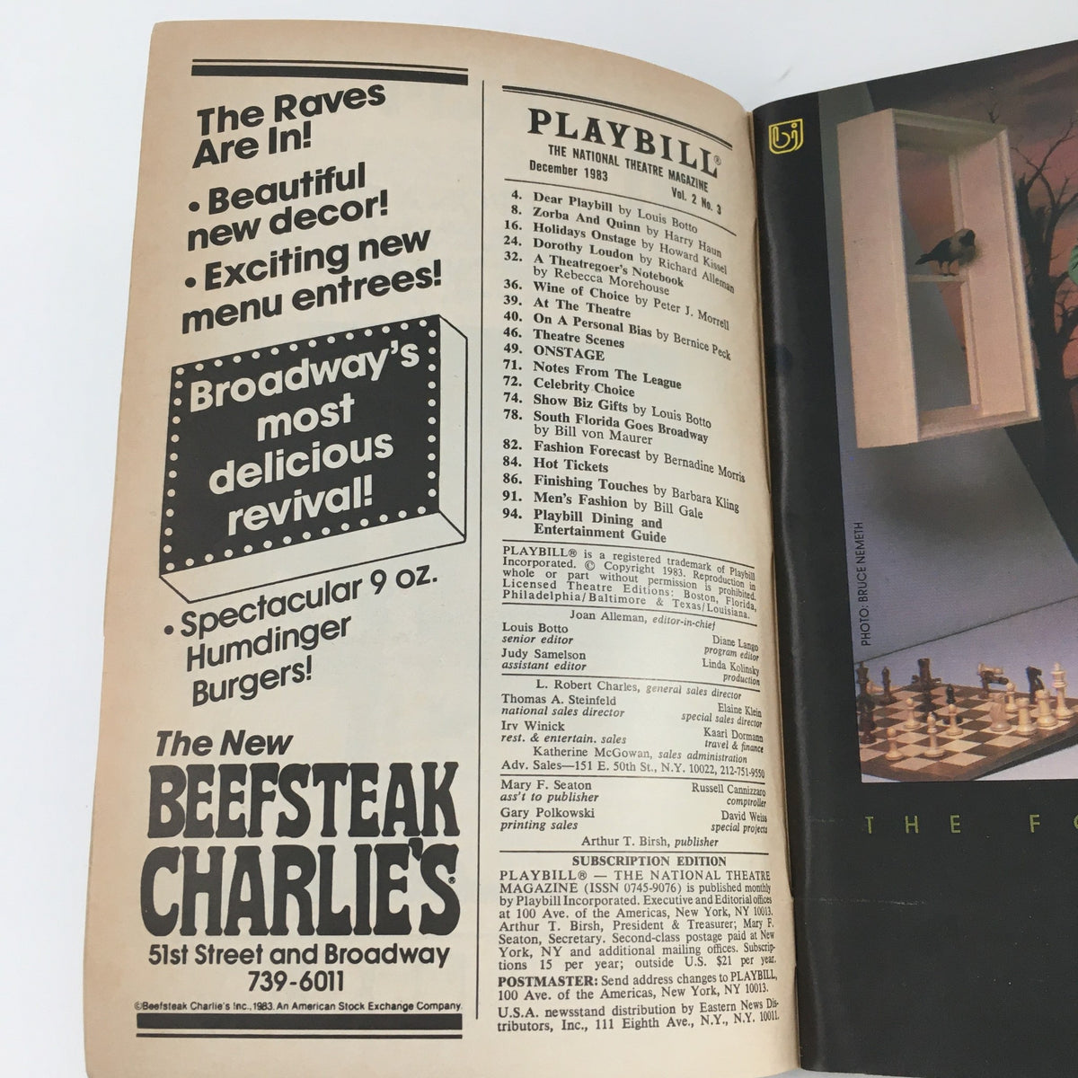 Interior page of the 1986 Playbill from Ethel Barrymore Theatre's 'Baby', featuring an advertisement for Beefsteak Charlies restaurant in New York.