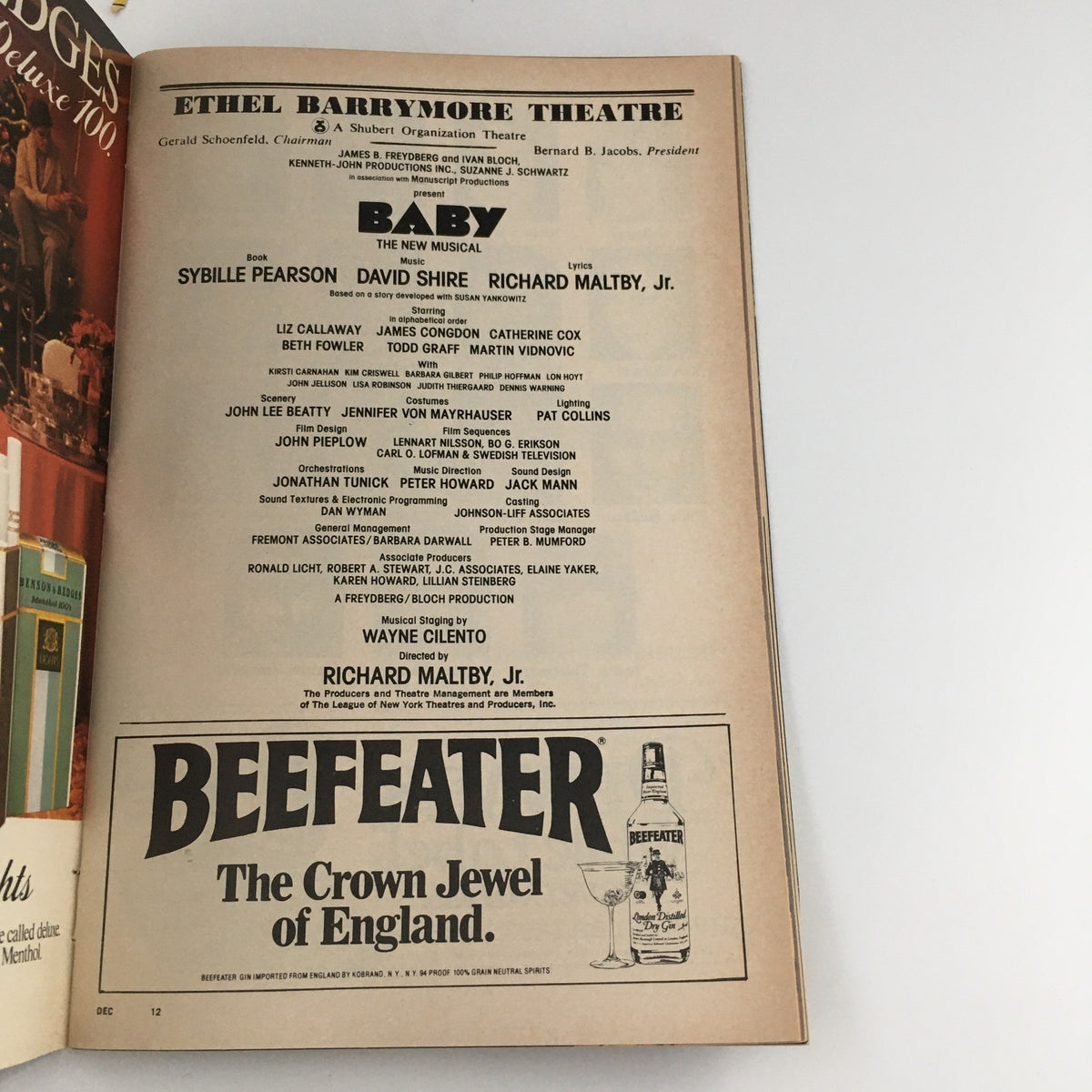 Credits page of the 1986 Playbill from Ethel Barrymore Theatre's 'Baby', listing cast and crew details including Liz Callaway and James Congdon.