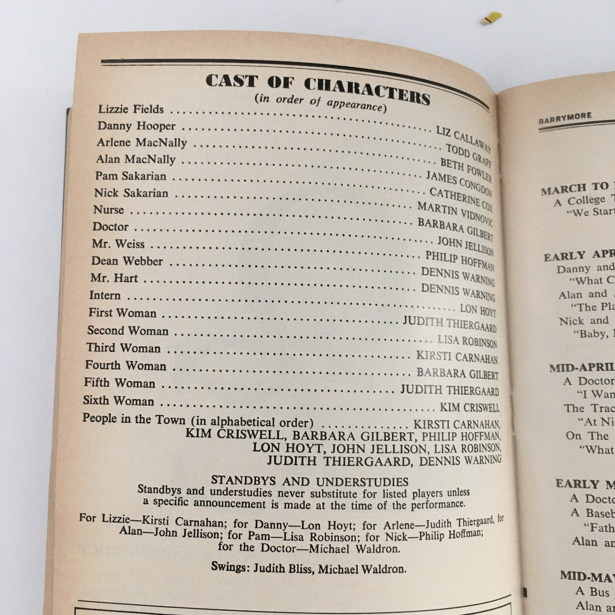 Detail from the 1986 Playbill for 'Baby' at the Ethel Barrymore Theatre, featuring the cast of characters list with performances by Liz Callaway and James Congdon.