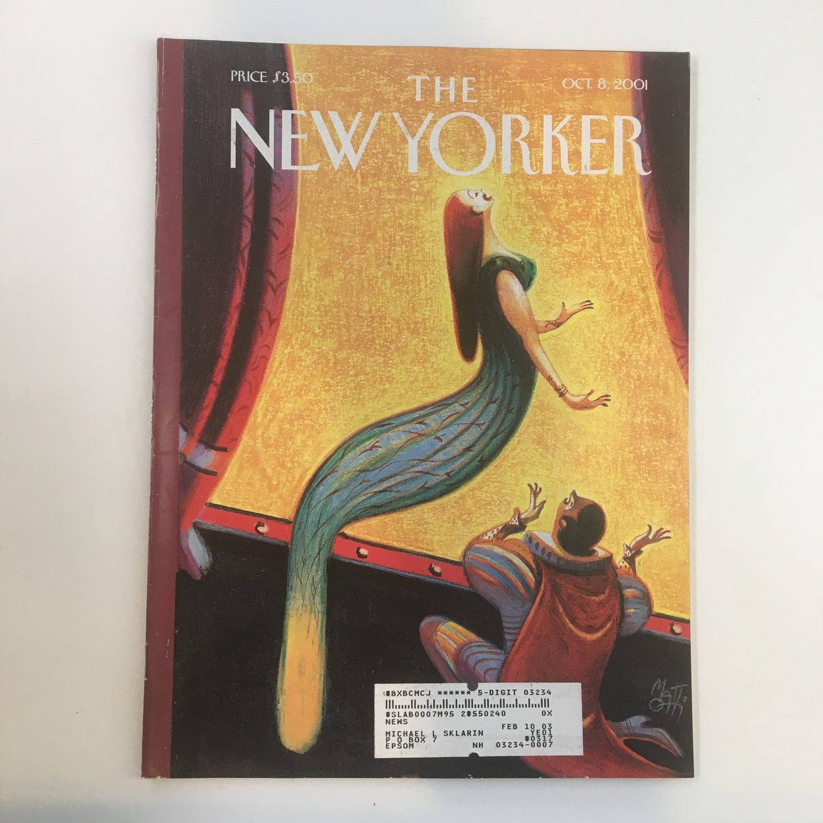 The New Yorker Full Magazine October 8 2001 cover featuring the artwork 'Rising Voices' by Lorenzo Mattotti, showcasing a colorful scene with a woman in a flowing dress and a mesmerized audience.