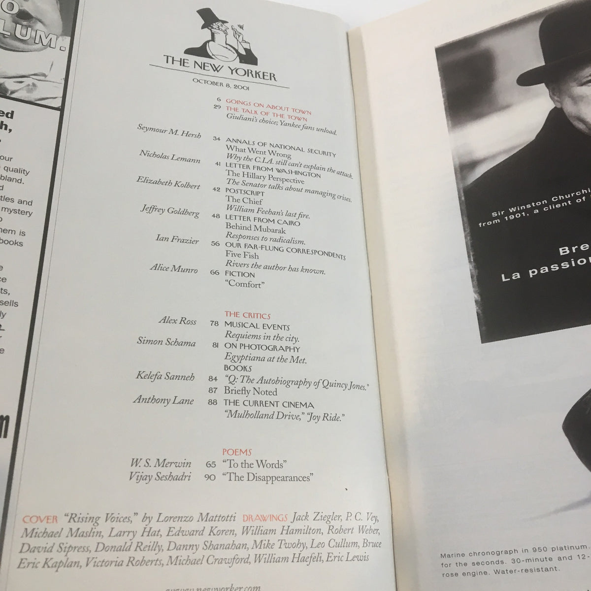 The New Yorker Full Magazine October 8 2001 table of contents page, listing featured articles, essays, and poems, including 'Joy Ride' and 'The Disparagements'.