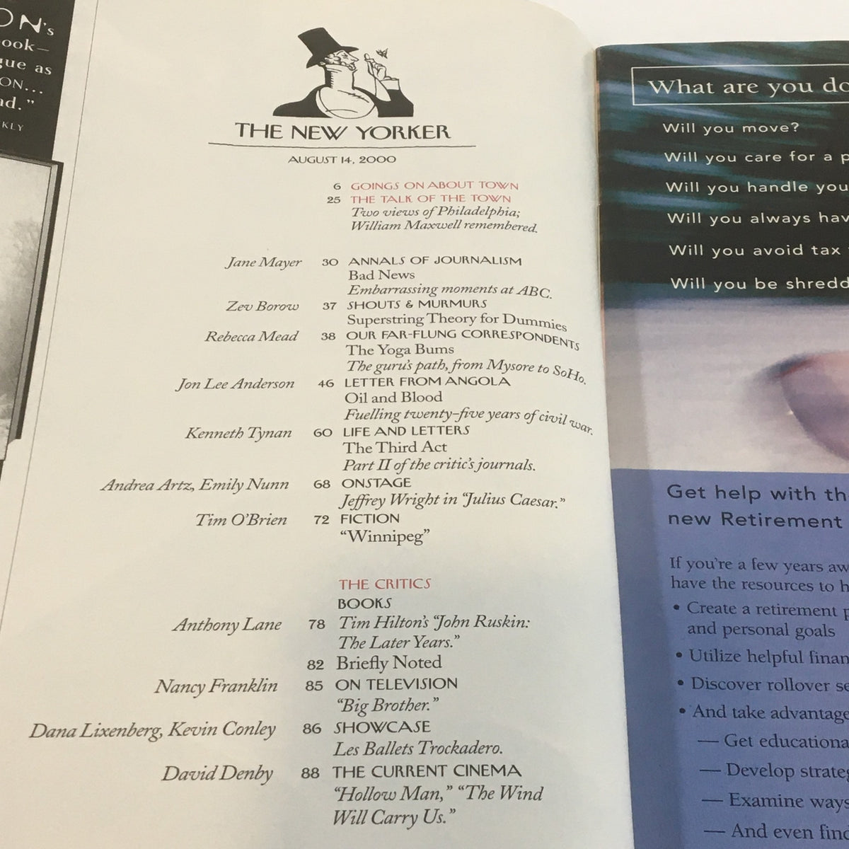 Contents page of The New Yorker Full Magazine August 14 2000, showcasing various articles and contributors for this vintage issue.