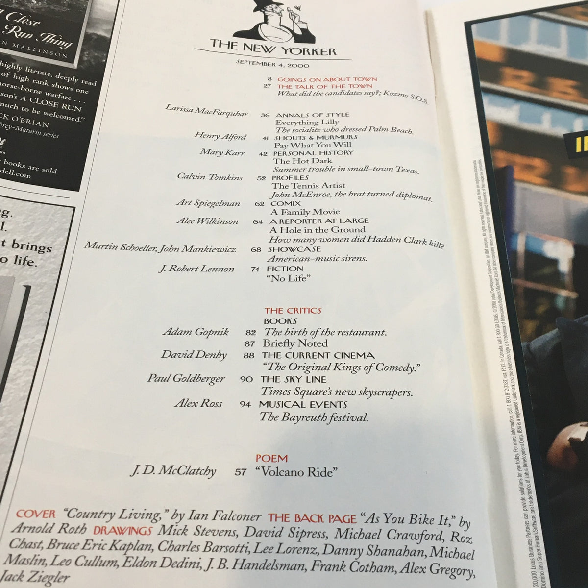 Interior page of The New Yorker Full Magazine September 4, 2000 highlighting the table of contents, including feature articles and critiques, reflecting cultural themes of the time.