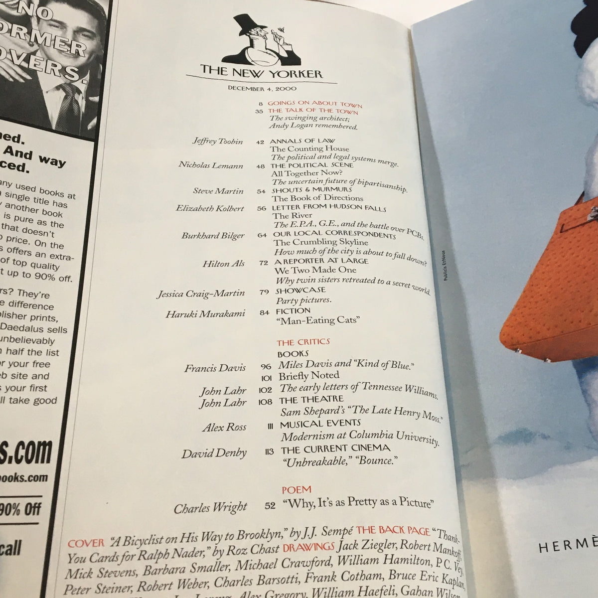 Table of contents from The New Yorker Full Magazine December 4 2000, featuring articles and poems along with the cover art by J.J. Sempe.