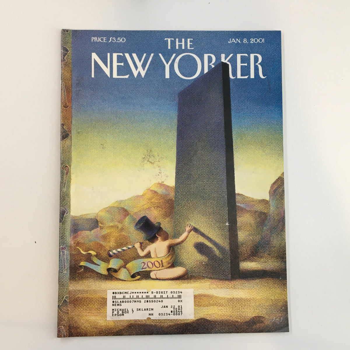 Cover of The New Yorker magazine dated January 8, 2001, featuring the illustration 'The Year 2001' by Raul Colón, depicting a figure in a top hat and monolith against a colorful sunrise.