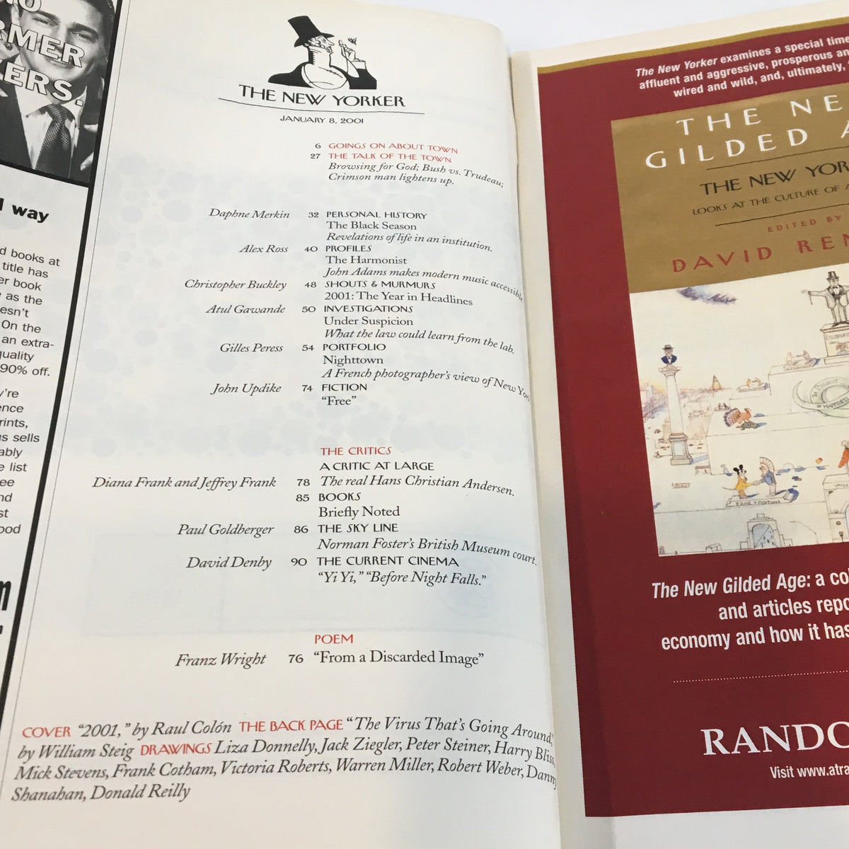 Inside page of The New Yorker magazine dated January 8, 2001, showing the table of contents and listings of featured articles, alongside the distinctive cover art.
