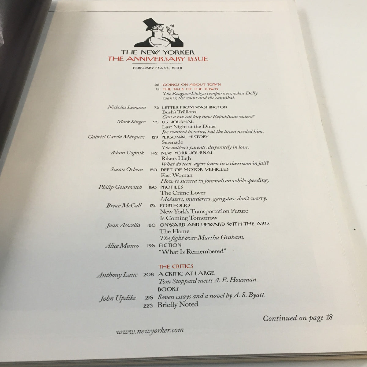 Table of contents from The New Yorker February 19, 2001 magazine featuring essays and novels curated by Rea Irvin.