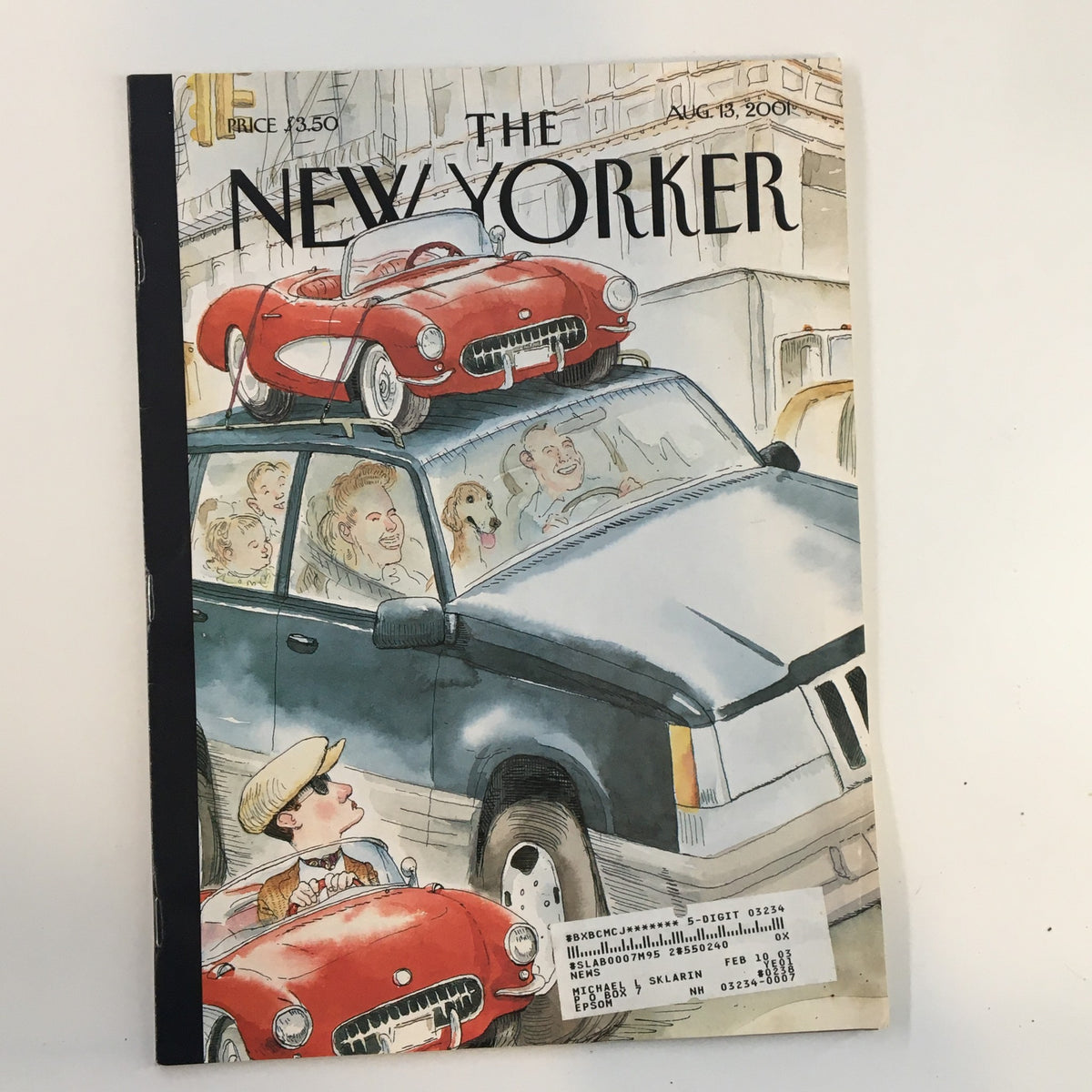 The New Yorker Full Magazine August 13 2001 cover featuring Poor Sports by Barry Blitt, showcasing a whimsical cartoon of cars and people.