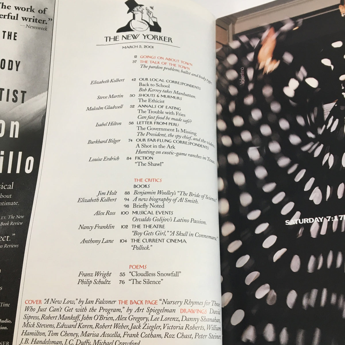 Interior page of The New Yorker Full Magazine March 5, 2001, featuring the table of contents and article titles, highlighting the magazine's editorial style and content layout.