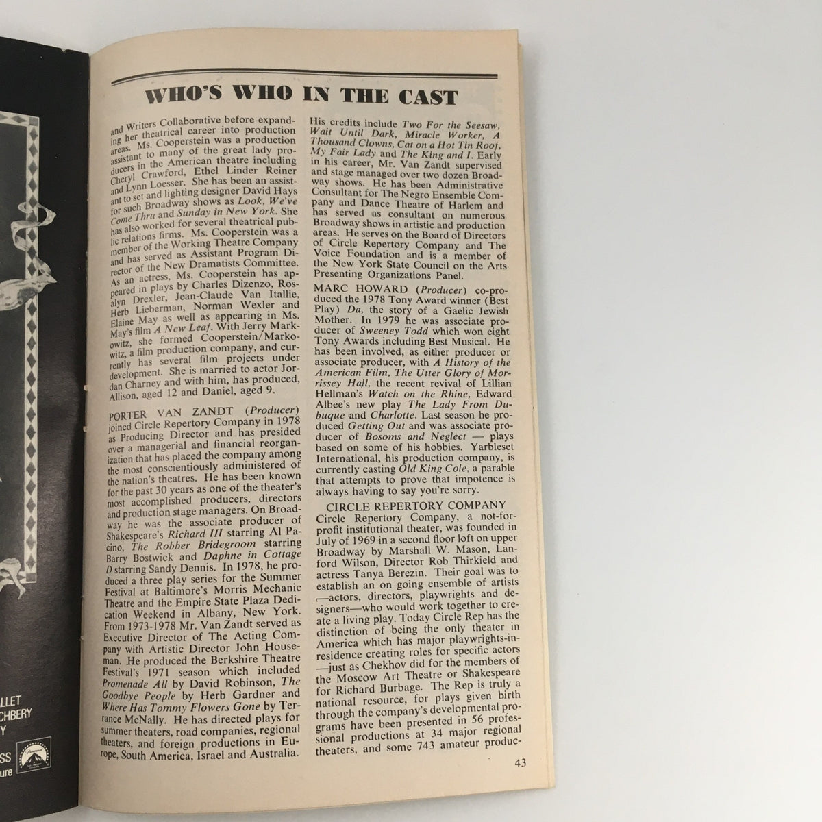 Continuation of the cast and crew details from the 1980 Playbill for Talley's Folly at the Brooks Atkinson Theatre, emphasizing the theatrical legacy of the production.