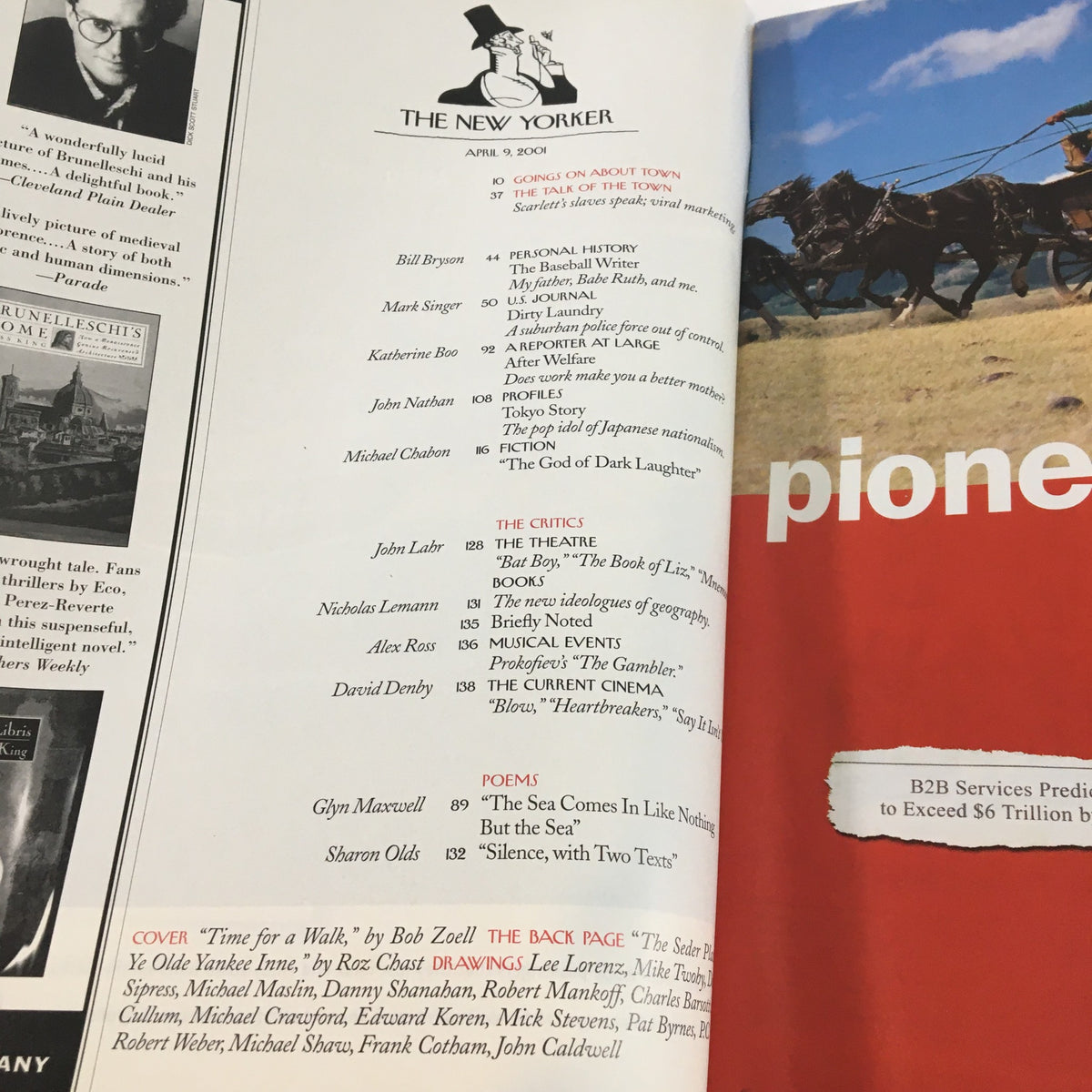 Inside page of The New Yorker Full Magazine April 9 2001 showcasing contents including Bob Zoell's piece 'Time for a Walk' and other literary contributions.