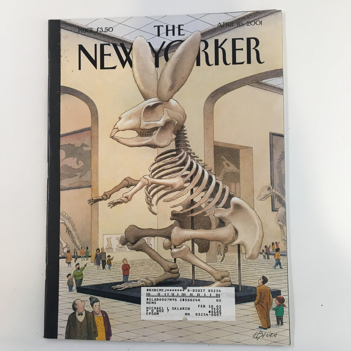 The New Yorker Full Magazine April 16 2001 featuring the whimsical 'Bunnysaurus' cover illustration by Harry Bliss, showcasing a playful skeleton rabbit in an art gallery.