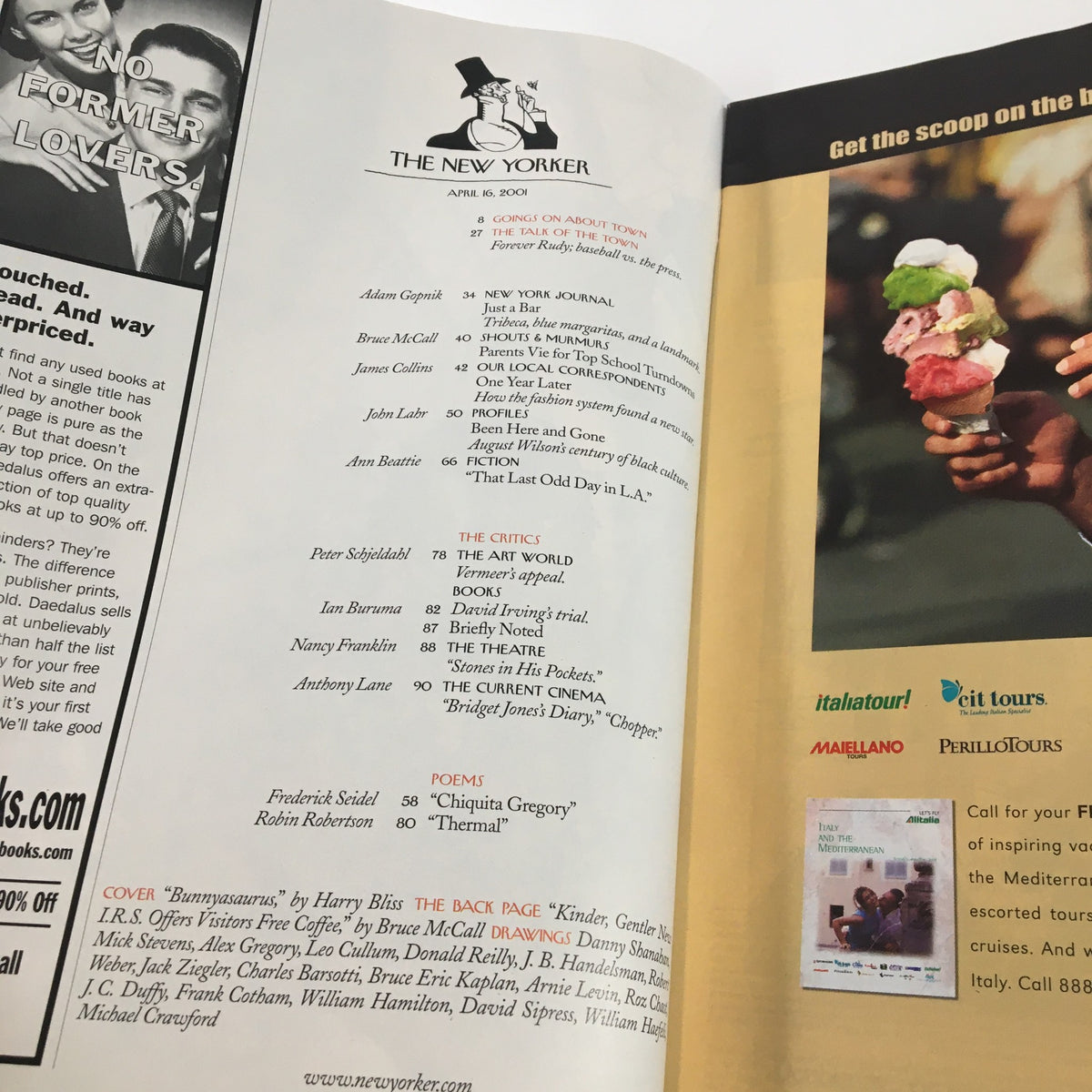 Inside view of The New Yorker Full Magazine April 16 2001, displaying the magazine's contents page and contributor names, highlighting its range of articles and poems.