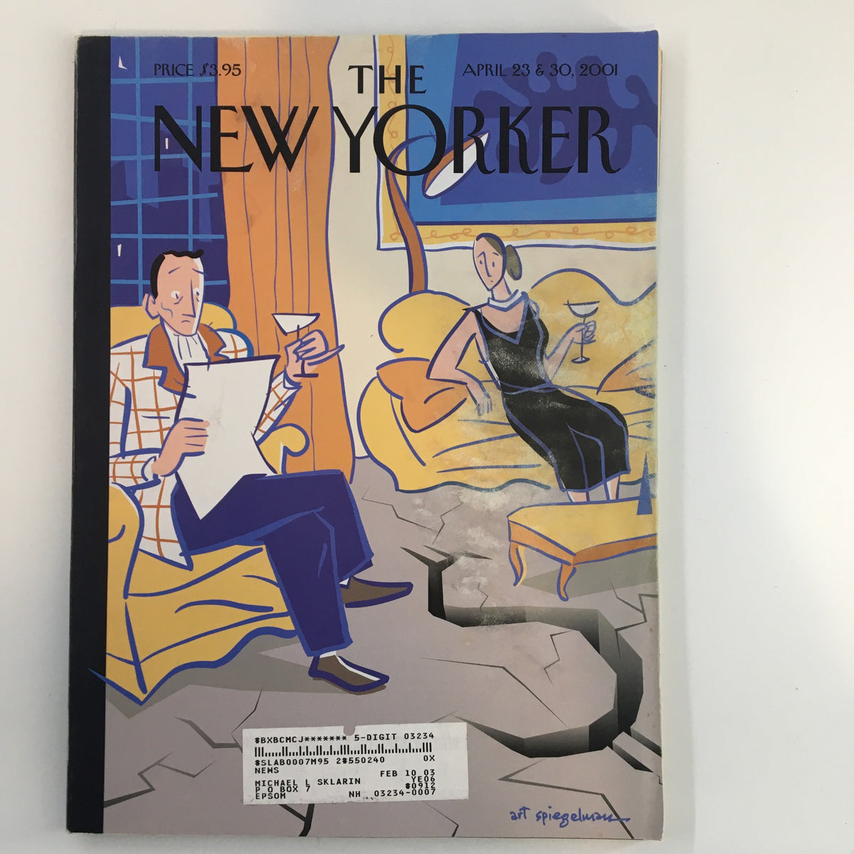 Cover of The New Yorker Full Magazine April 23 2001 featuring the striking 'Portrait of Decency' artwork by Art Spiegelman, showcasing a man and woman in a stylish interior with a modern aesthetic.