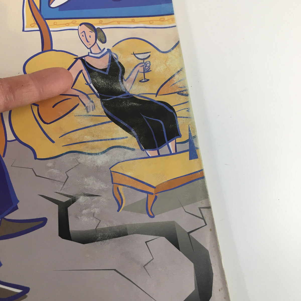 Close-up detail of the cover of The New Yorker Full Magazine April 23 2001, highlighting the artistic depiction of a woman in a black dress holding a cocktail, set against a cracked floor design.