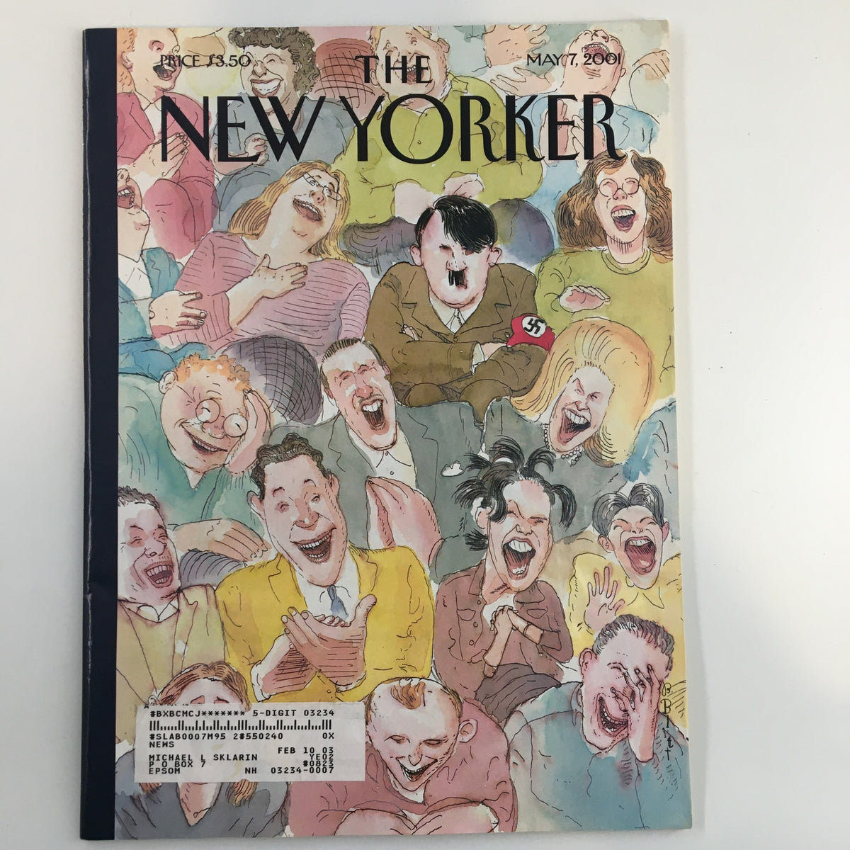 The New Yorker Full Magazine May 7 2001 featuring a humorous cover illustration by Barry Blitt, depicting an excited crowd laughing, with a controversial figure at the center. This vintage magazine is a collectible piece of history.