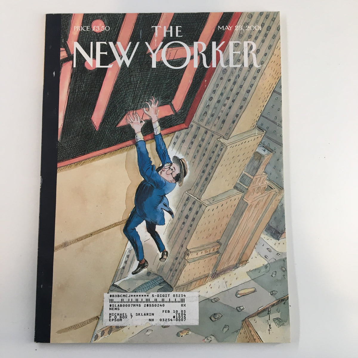 The New Yorker magazine cover for May 28, 2001, featuring the illustration 'Safety Last, Again' by Barry Blitt, depicting a humorous scene of a man hanging from the edge of a building with skyscrapers in the background.