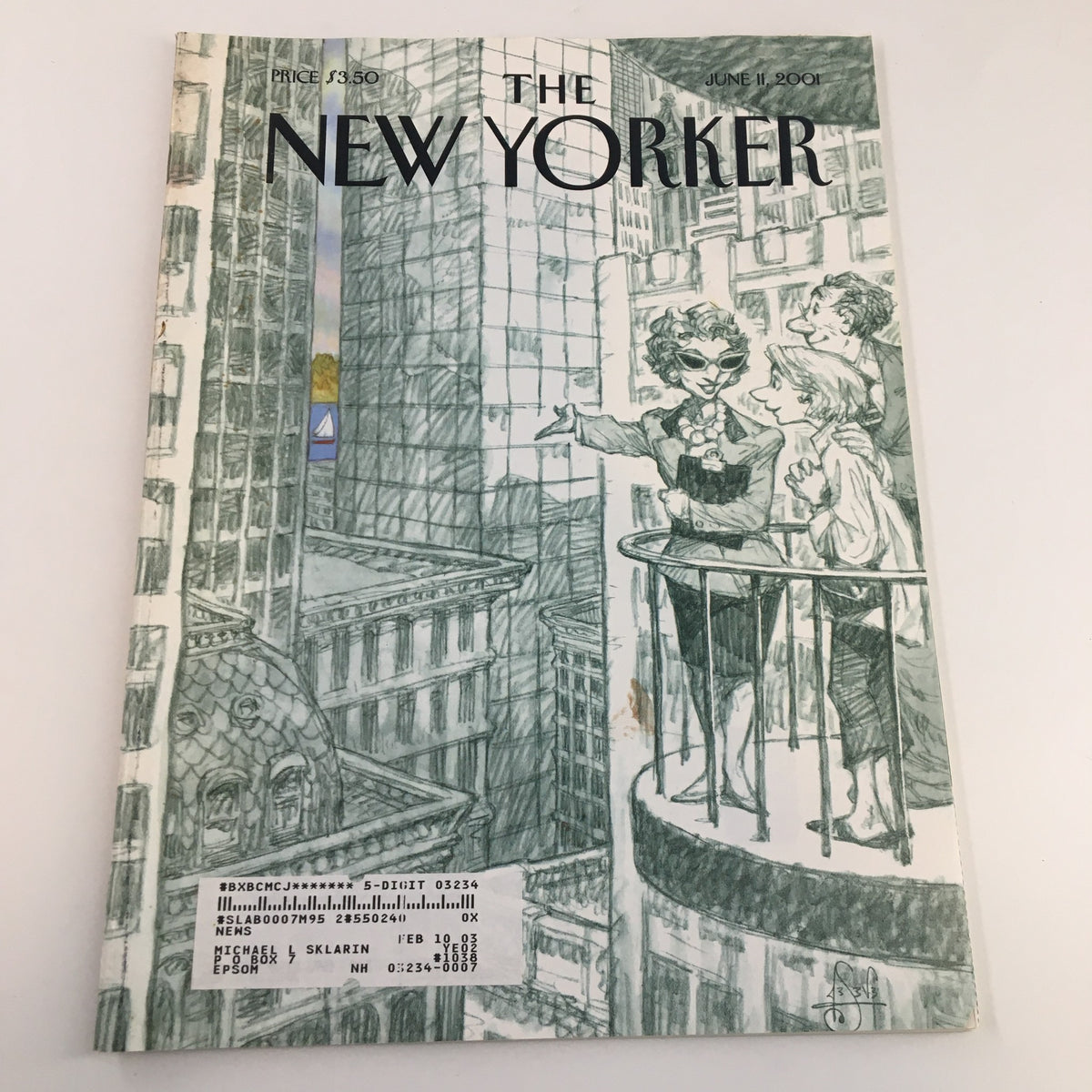 The New Yorker magazine cover from June 11, 2001, featuring the artwork 'Spctclr riv vu' by Peter de Seve, showcasing a detailed illustration of a cityscape with characters looking out a window.