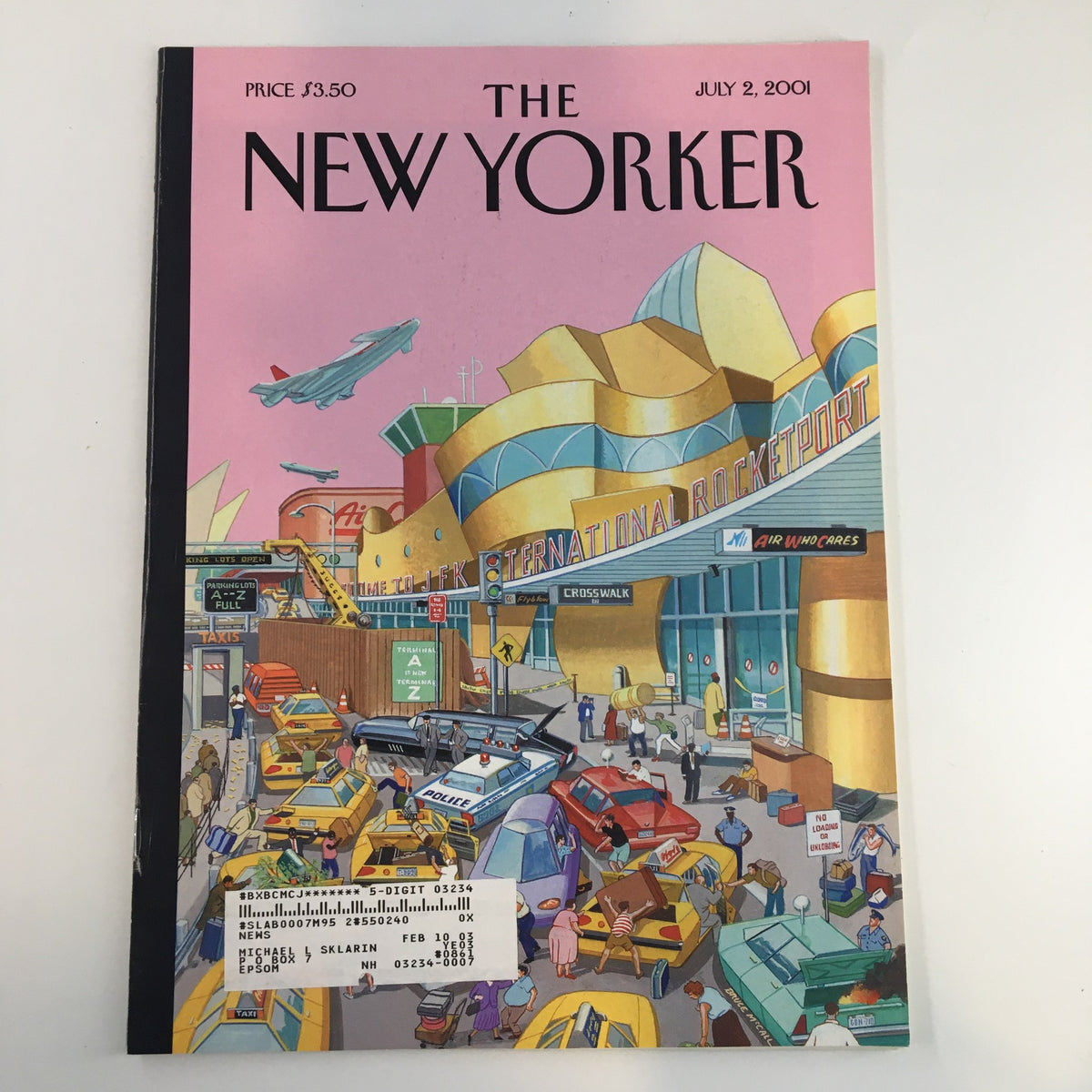 The New Yorker Full Magazine July 2, 2001 cover featuring a colorful illustration of JFK International Rocketport 2025 with bustling activity of vehicles and people.