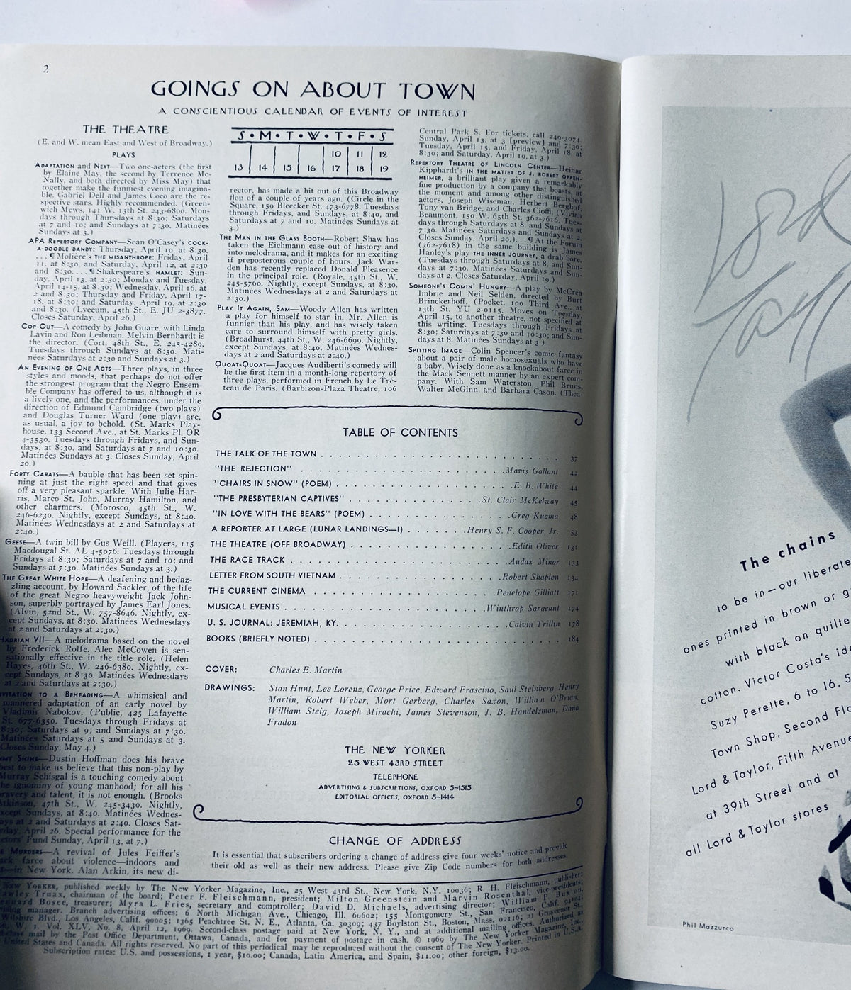 Goings On About Town feature from The New Yorker Magazine April 12, 1969, showcasing the Table of Contents and calendar of events.