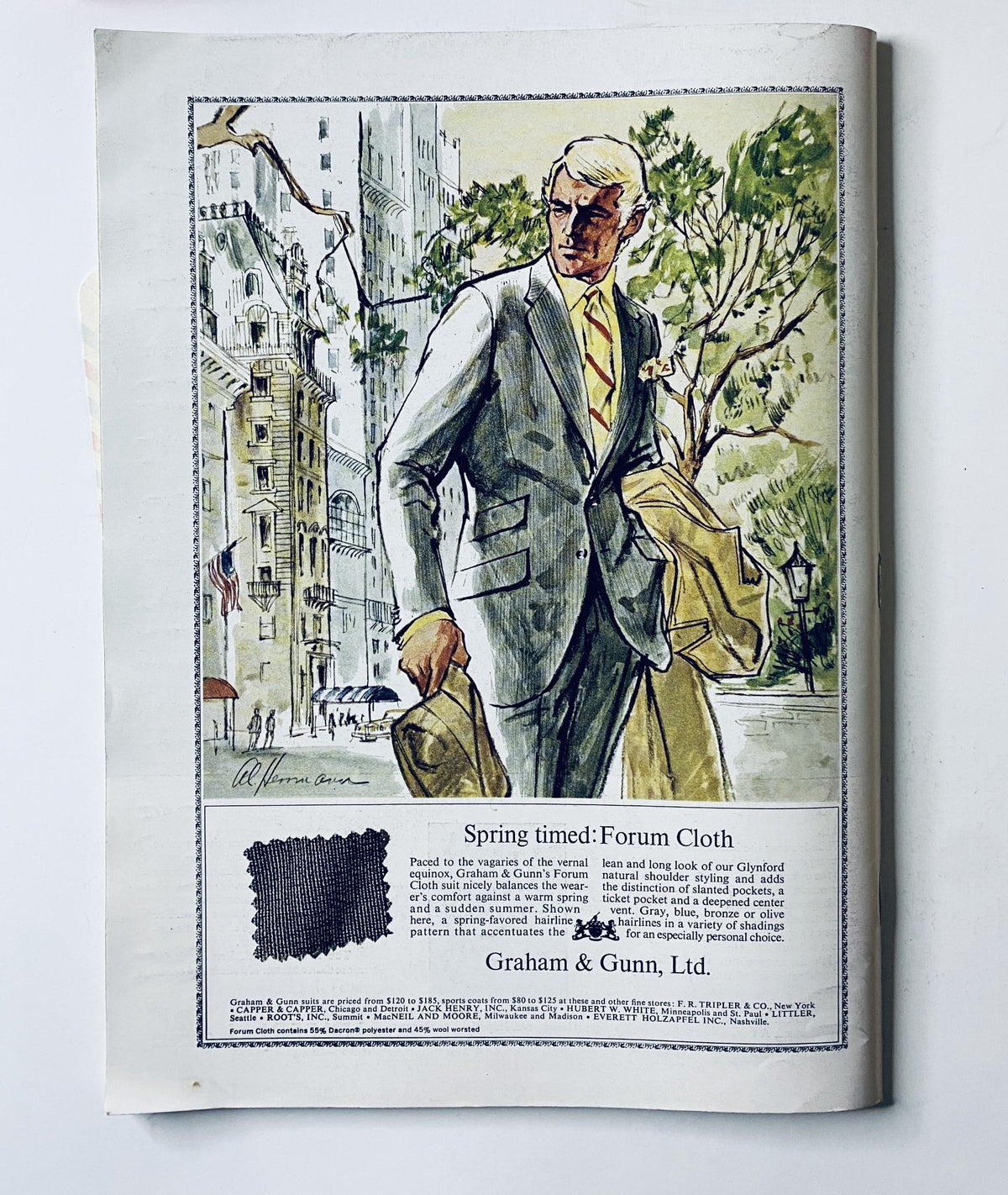 An advertisement for Graham & Gunn, Ltd featuring a stylishly dressed man in a grey suit, holding a tan jacket. The background shows a cityscape with trees and buildings, indicating a spring theme. The New Yorker Magazine April 5, 1969 F. B. Modell Rabbit Cover.