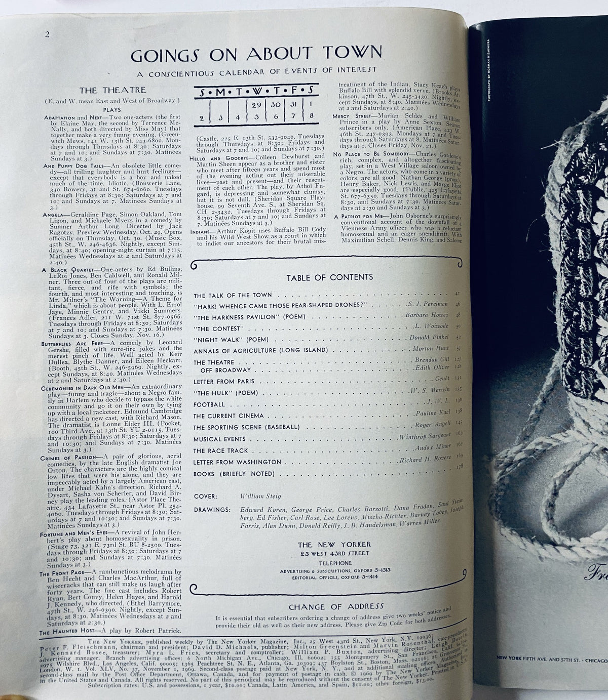 Inside page of The New Yorker magazine, dated November 1, 1969, displaying the Goings On About Town calendar and Table of Contents for this issue.