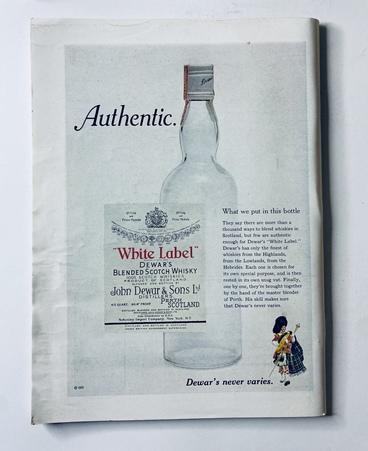 Back cover advertisement of The New Yorker magazine from November 1, 1969, promoting Dewar's White Label Blended Scotch Whisky, highlighting its authenticity.