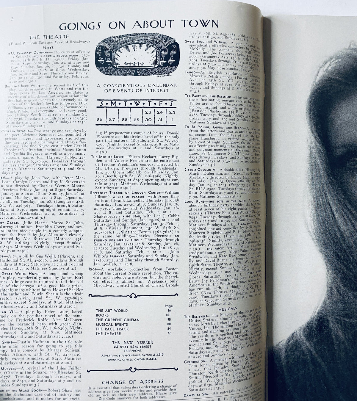 The New Yorker Magazine January 25, 1969 showcasing the 'Goings on About Town' feature with details on theatre and cultural events. Original vintage magazine page highlighting calendar of events.