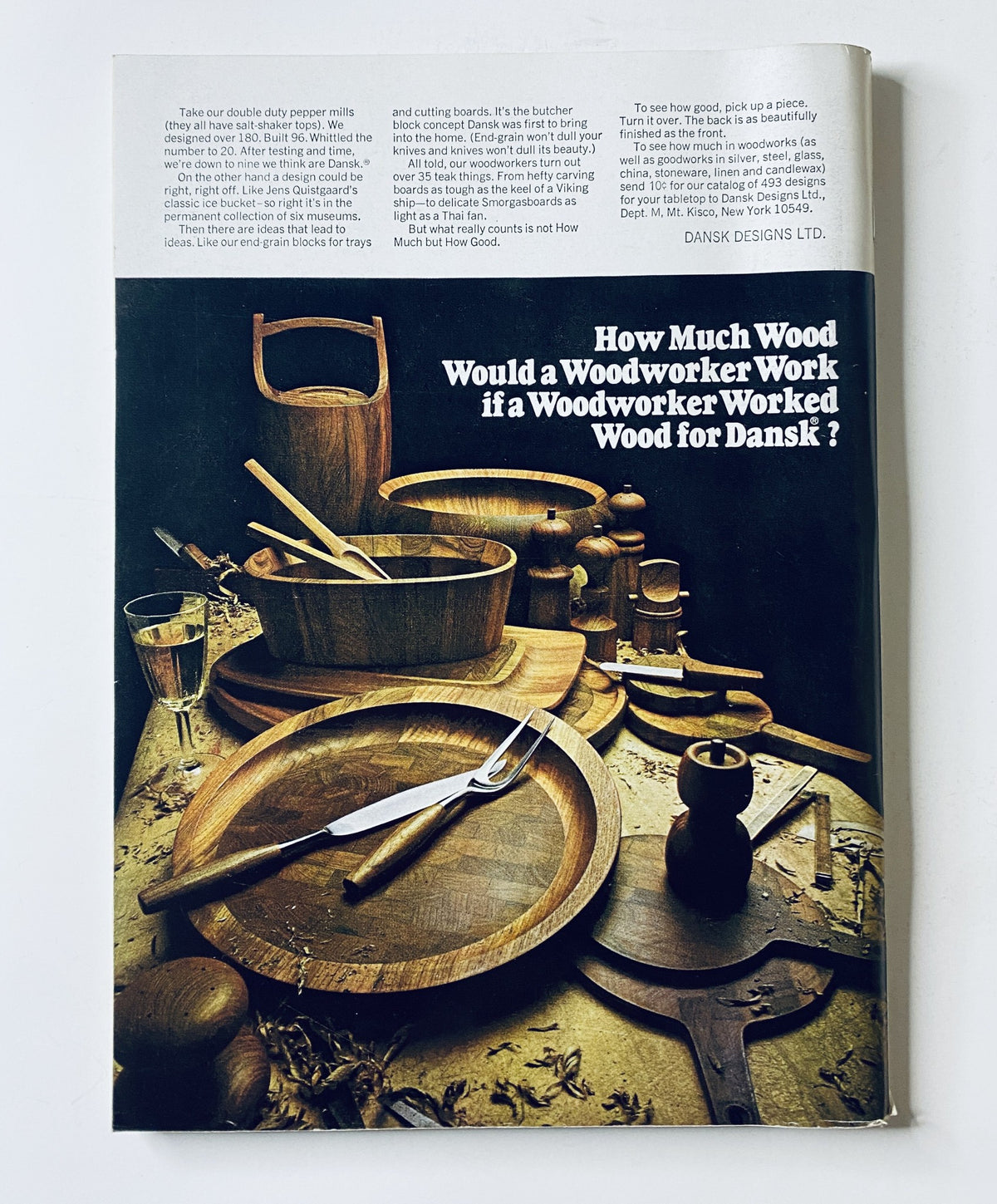 Back cover of The New Yorker Magazine December 6, 1969, featuring an advertisement for Dansk designs with wooden kitchenware and the question about woodworkers.
