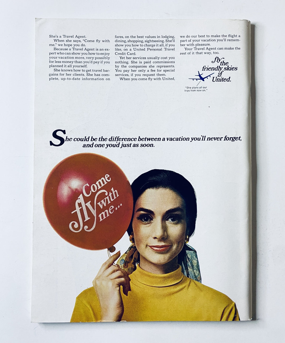 Back cover advertisement of The New Yorker Magazine dated May 10, 1969, showcasing a woman holding a balloon with the text 'Come Fly with me...' promoting United Airlines.