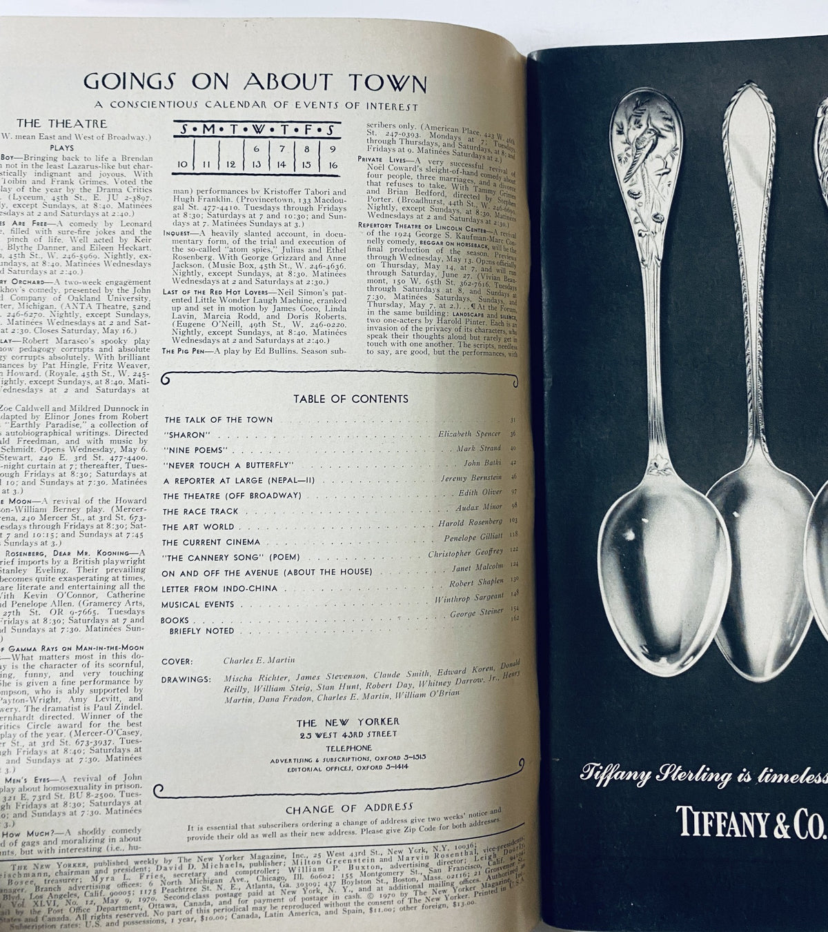 Inside page from The New Yorker Magazine, May 9, 1970, showcasing the table of contents and a calendar of events titled 'Goings On About Town.'