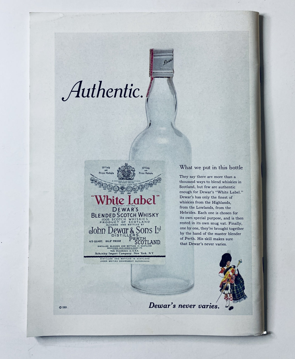 Advertisement for Dewar's White Label Blended Scotch Whisky in The New Yorker Magazine April 25, 1970, emphasizing authenticity and quality.