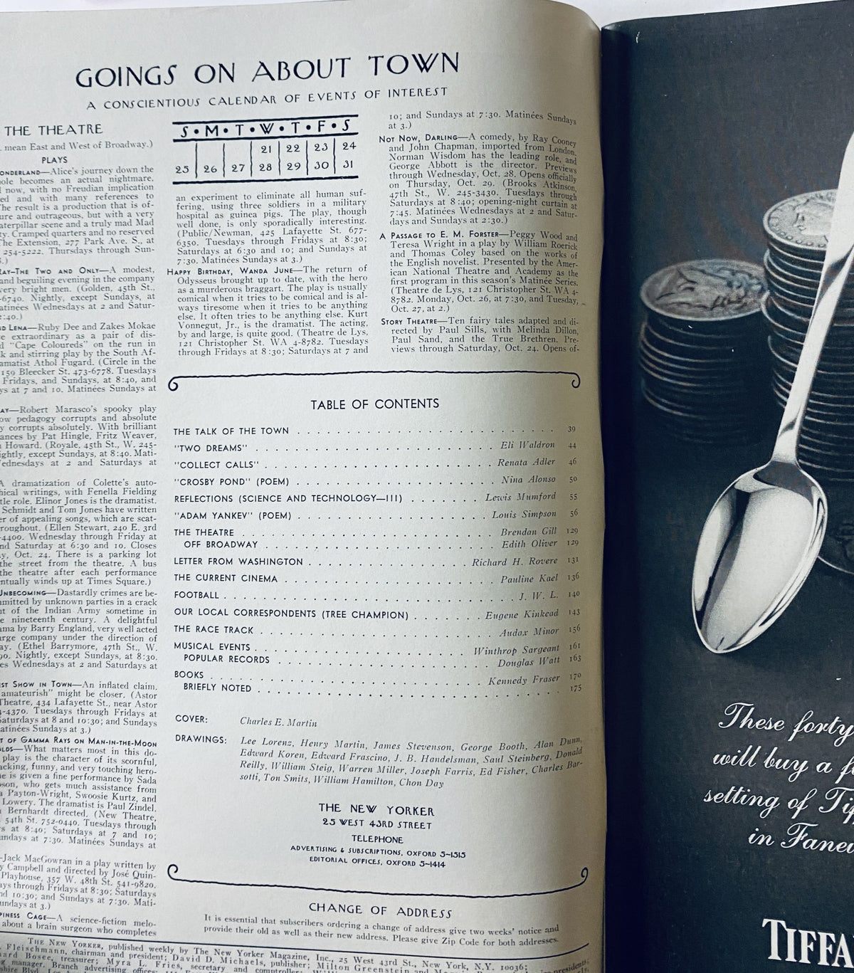 Interior page of The New Yorker Magazine, October 24, 1970, displaying the Table of Contents and calendar of events section. The layout includes titles like 'THE TALK OF THE TOWN' and 'TWO DREAMS'.