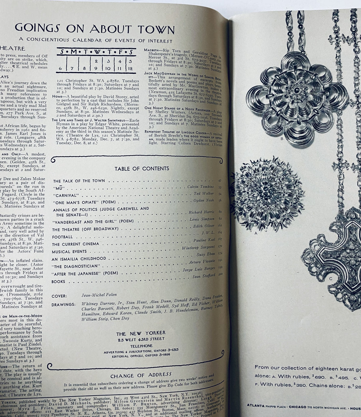 Inside page of The New Yorker Magazine, December 5, 1970, displaying the Table of Contents and other details about events and articles.